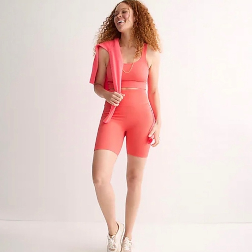 J. Crew Coral Pink Sports Bra and High-Waist Bike Shorts Set Medium